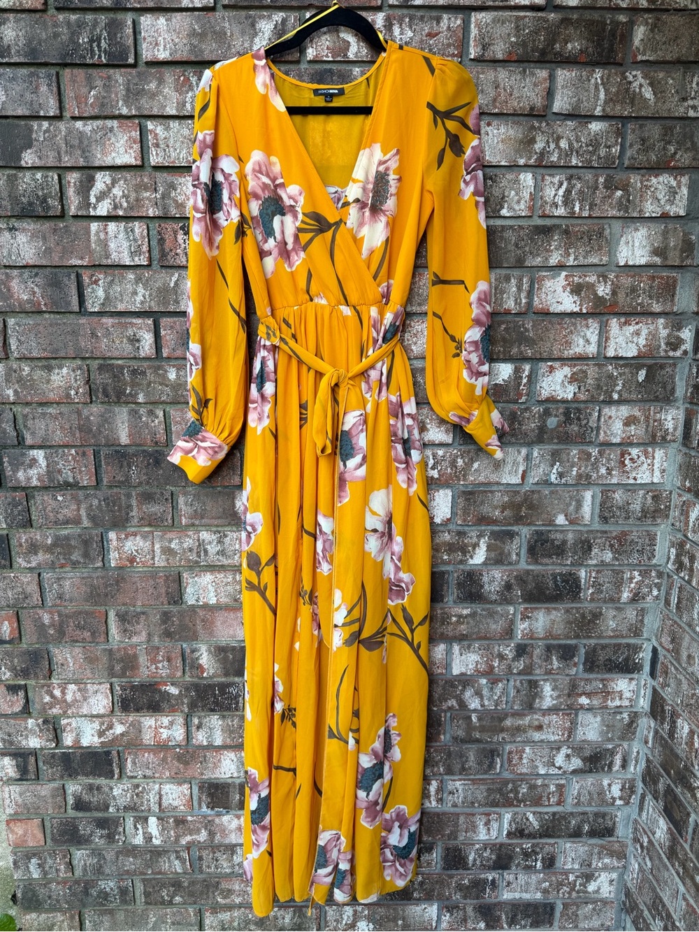 Fashion Nova Floral LS Maxi Dress in Mustard Yellow